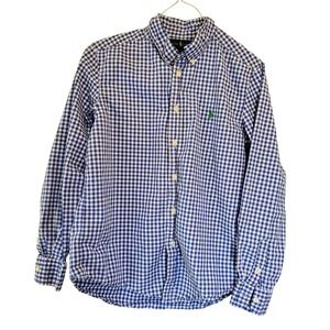 Polo Ralph Lauren Boys L 14-16 Gingham Button Down Shirt Blue White Cotton Pony